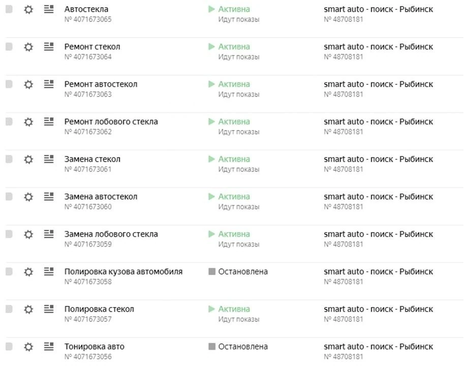 Группы объявлений поисковой кампании по Рыбинску: отдельная группа под каждую услугу