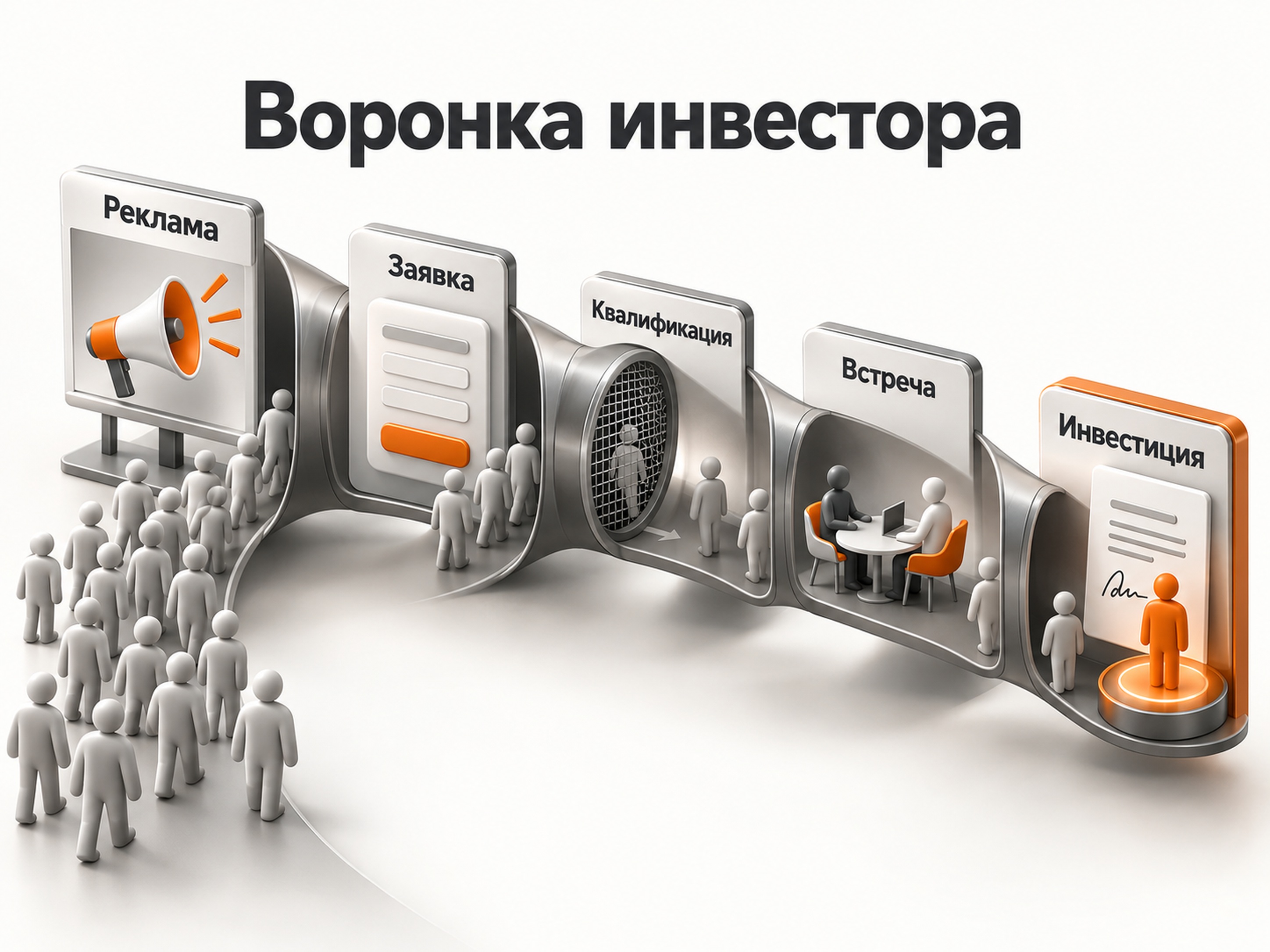 Воронка привлечения инвестора от рекламного объявления до фактического вложения денег