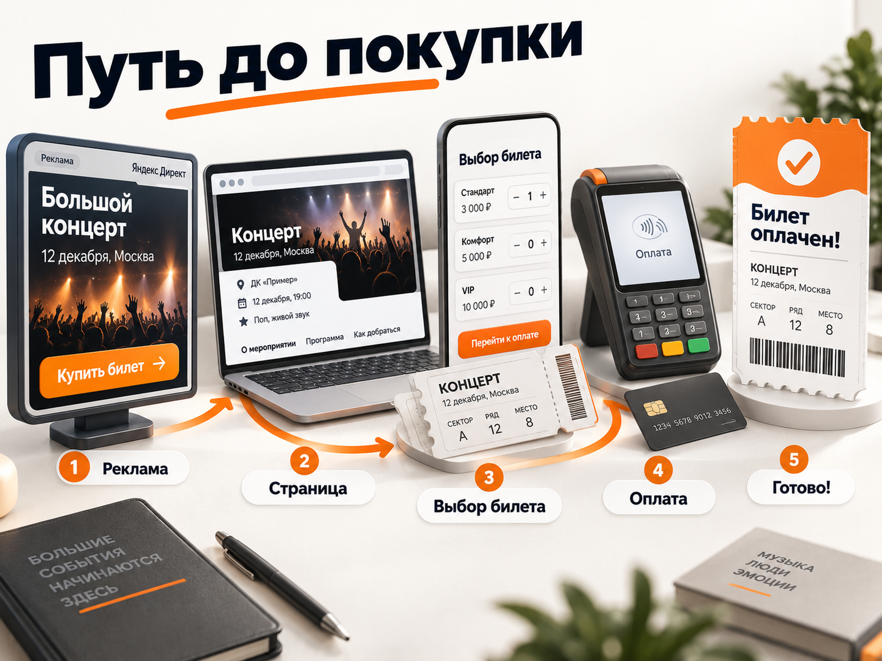 Воронка продажи билета от рекламы и страницы мероприятия до выбора места и оплаты