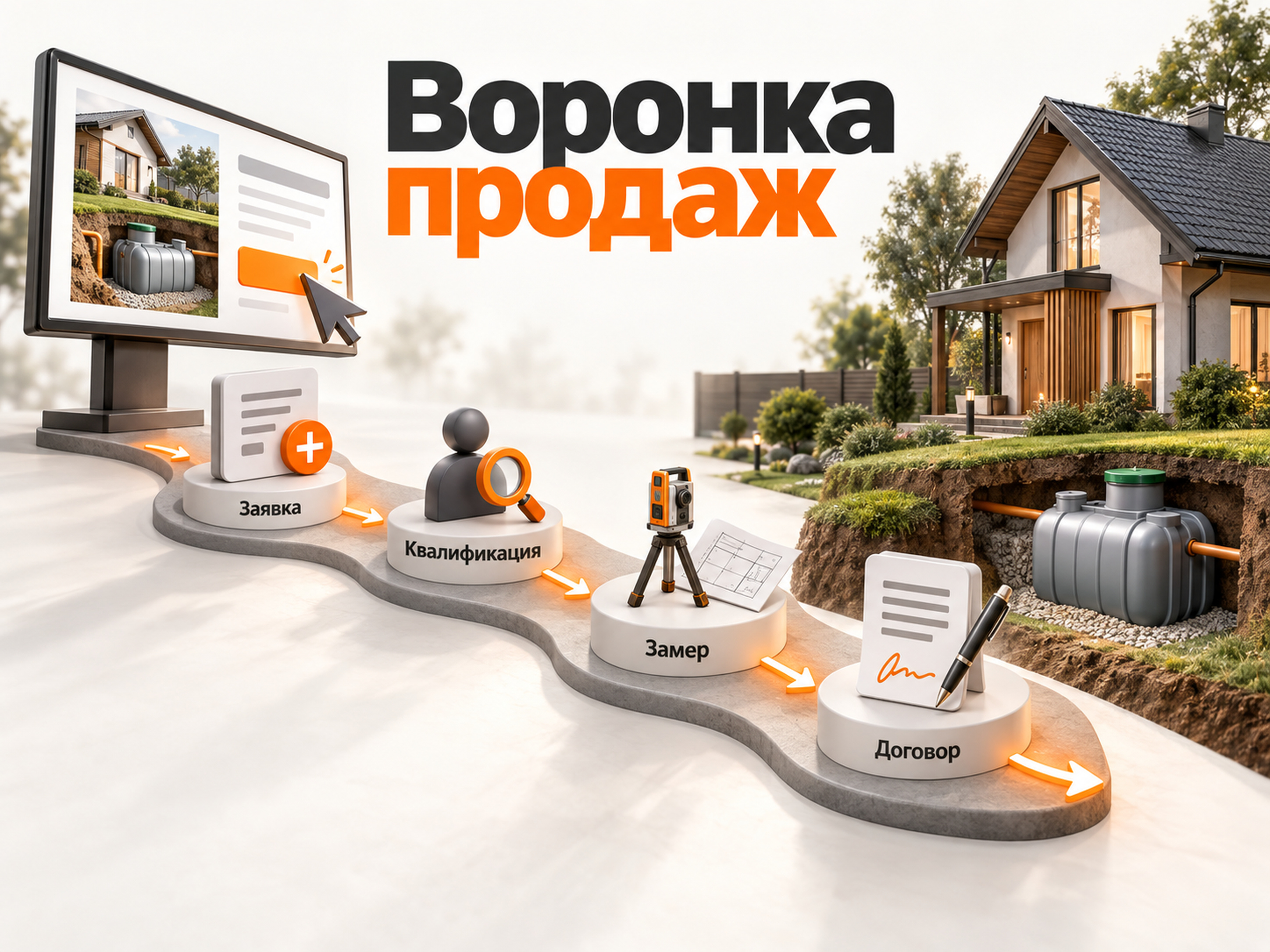 Воронка продвижения септиков от рекламной заявки и квалификации до замера и договора