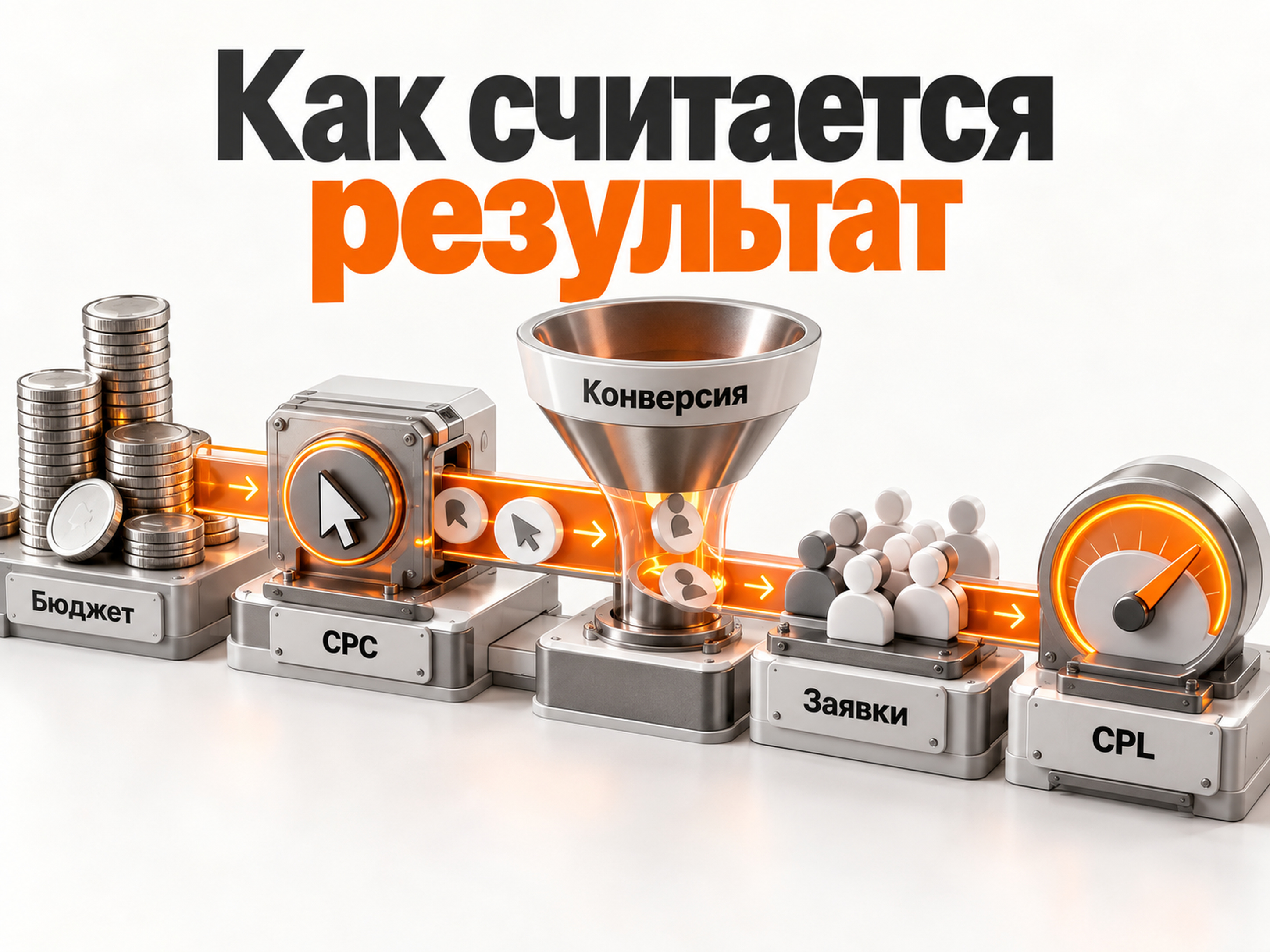 Схема расчёта количества заявок и CPL через бюджет, цену клика и конверсию сайта