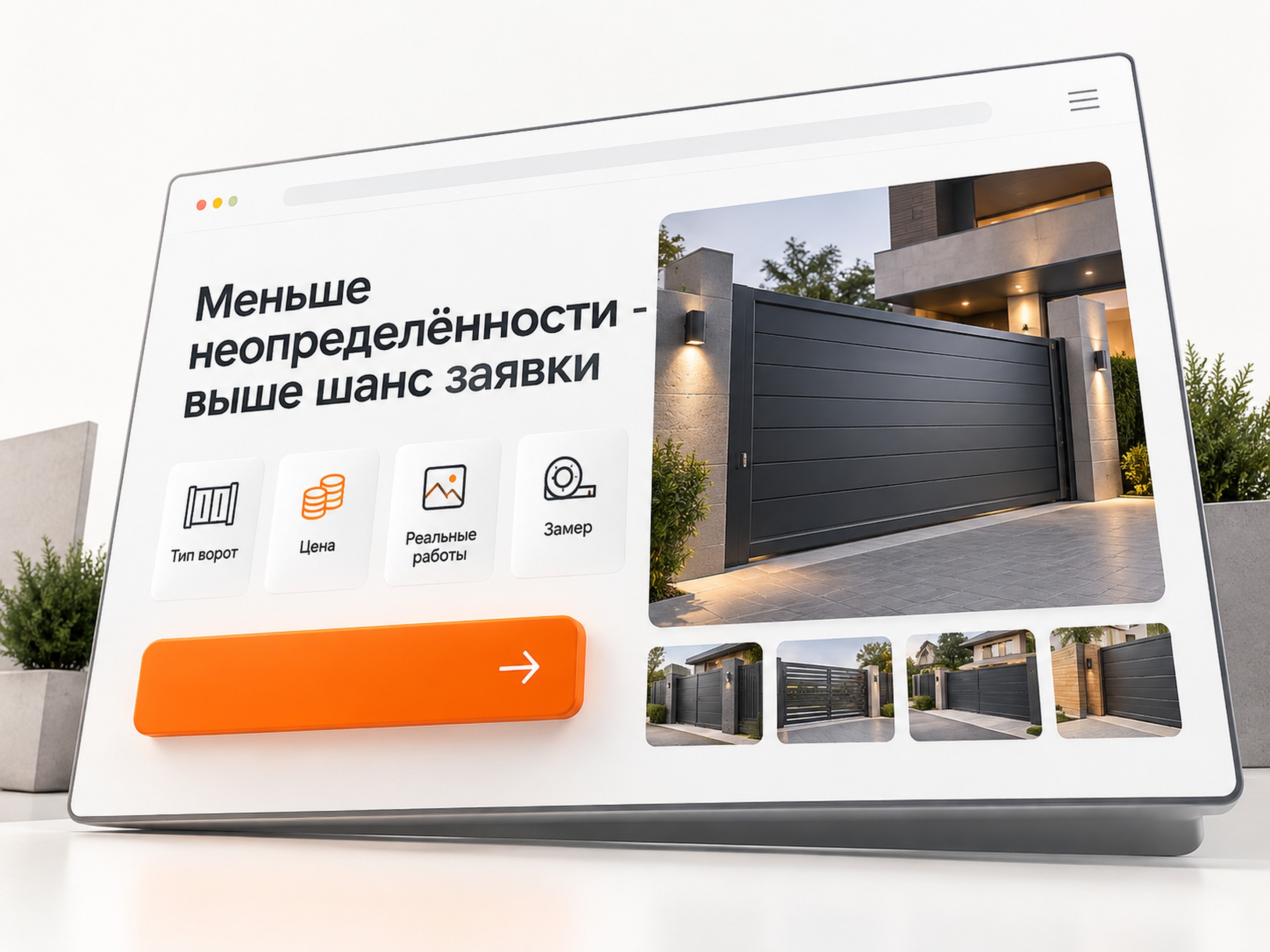 Сайт установки ворот с расчётом стоимости, примерами работ и замером