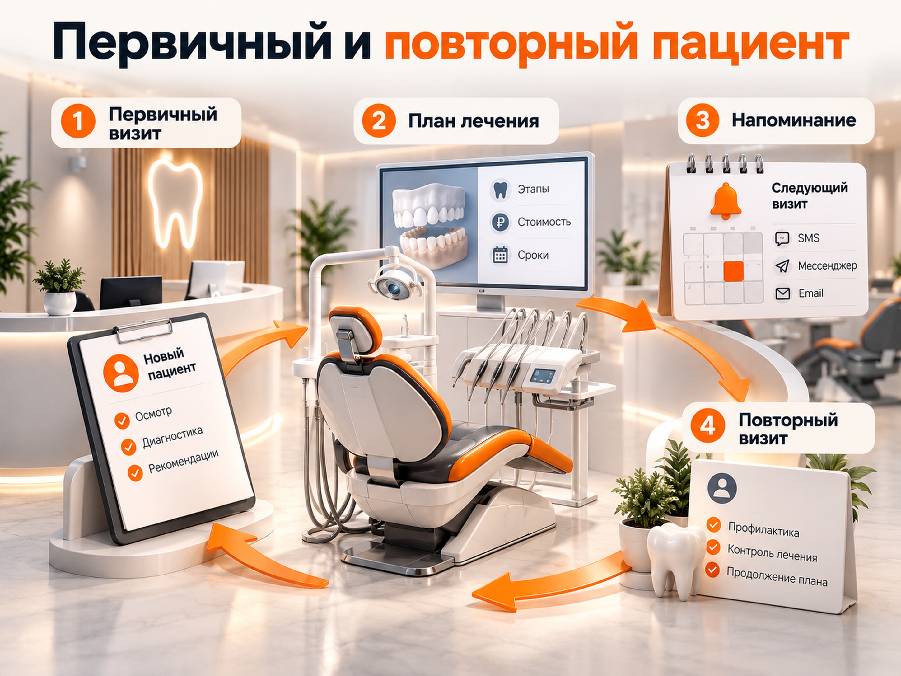 Путь пациента стоматологии от первого визита и плана лечения до повторного посещения