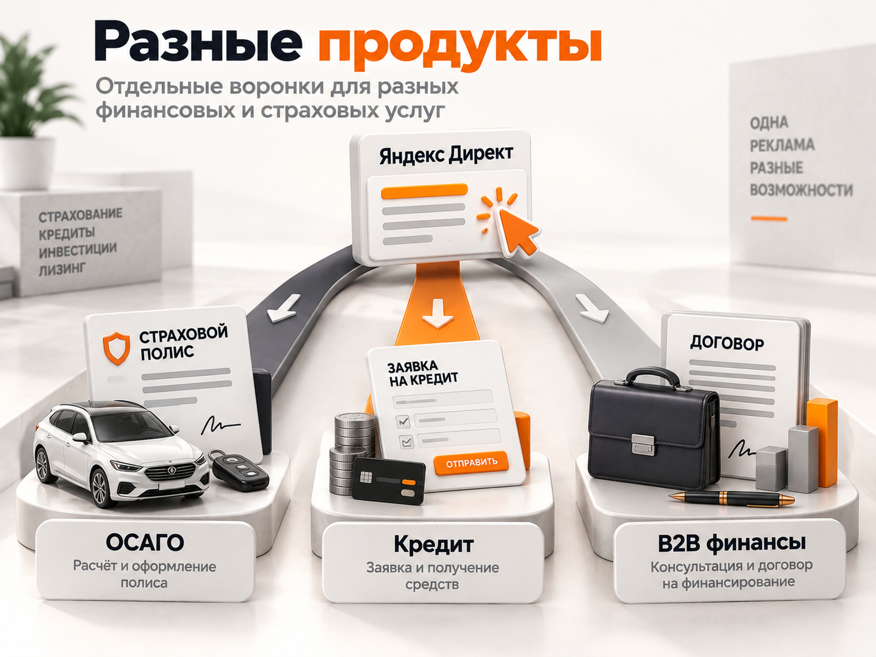 Раздельные рекламные воронки для ОСАГО, кредитных продуктов и B2B-финансов
