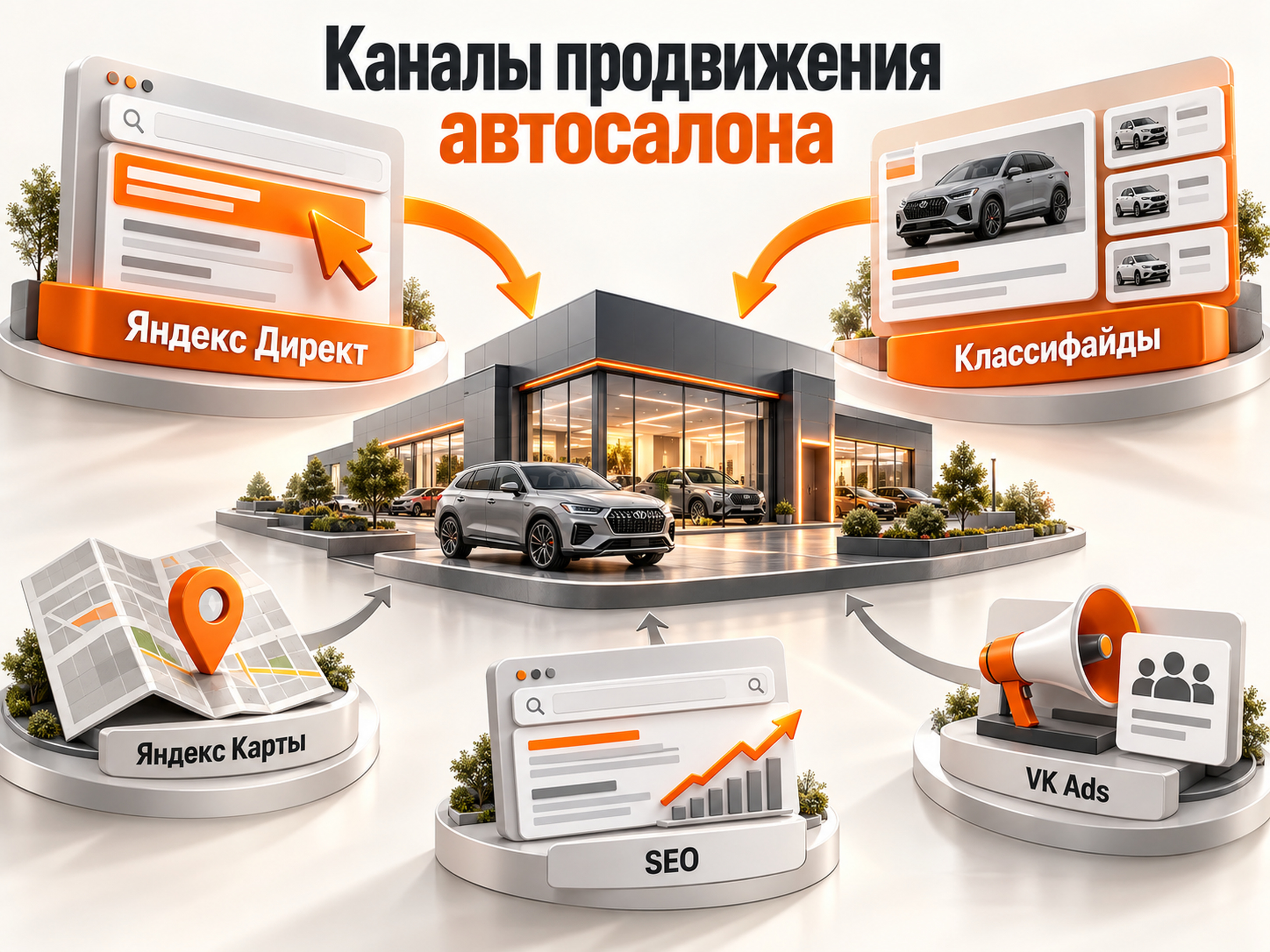 Каналы продвижения автосалона: Яндекс Директ, классифайды, Карты, SEO и VK Ads