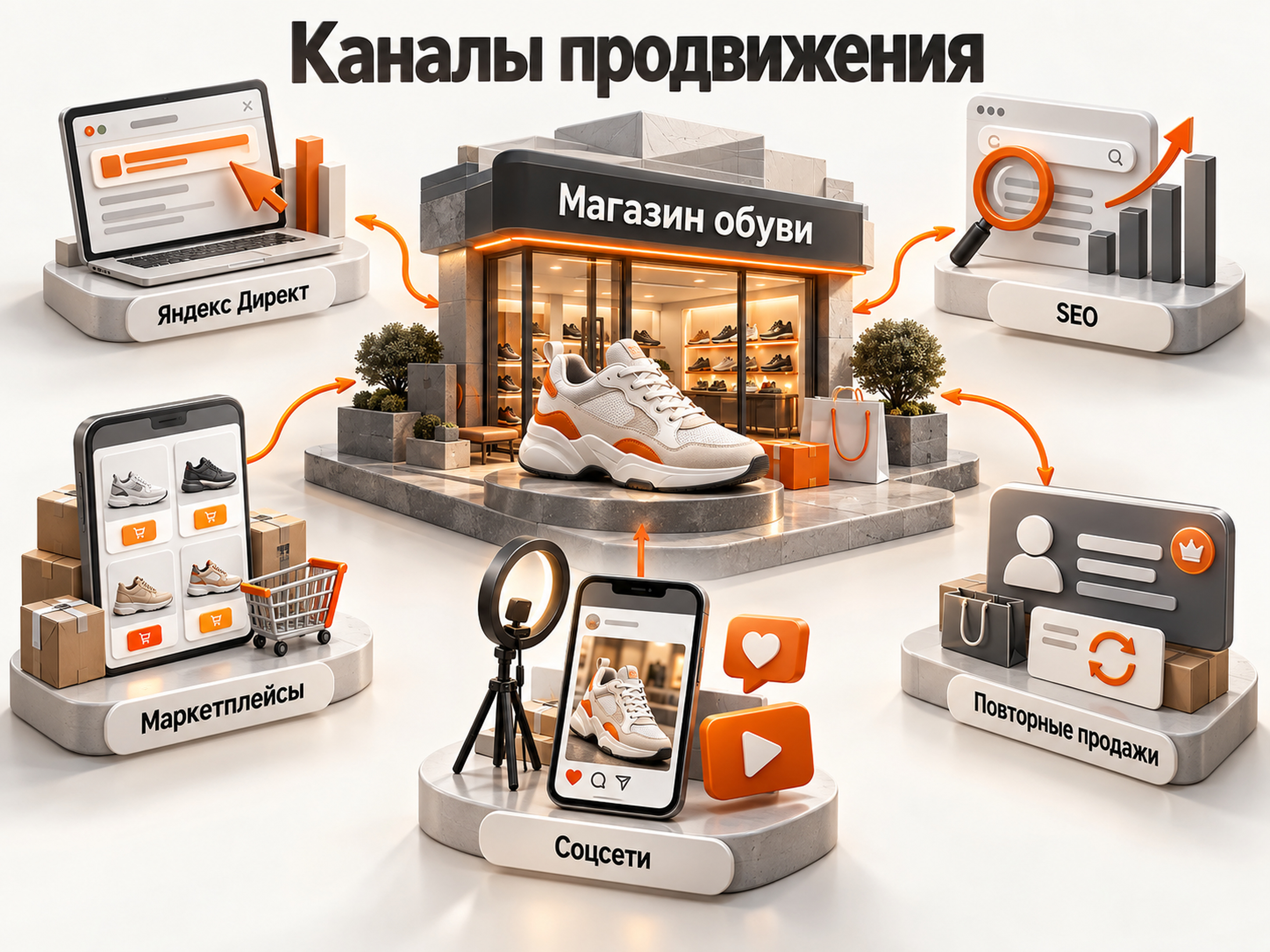Каналы продвижения магазина обуви: Яндекс Директ, SEO, маркетплейсы, соцсети и повторные продажи
