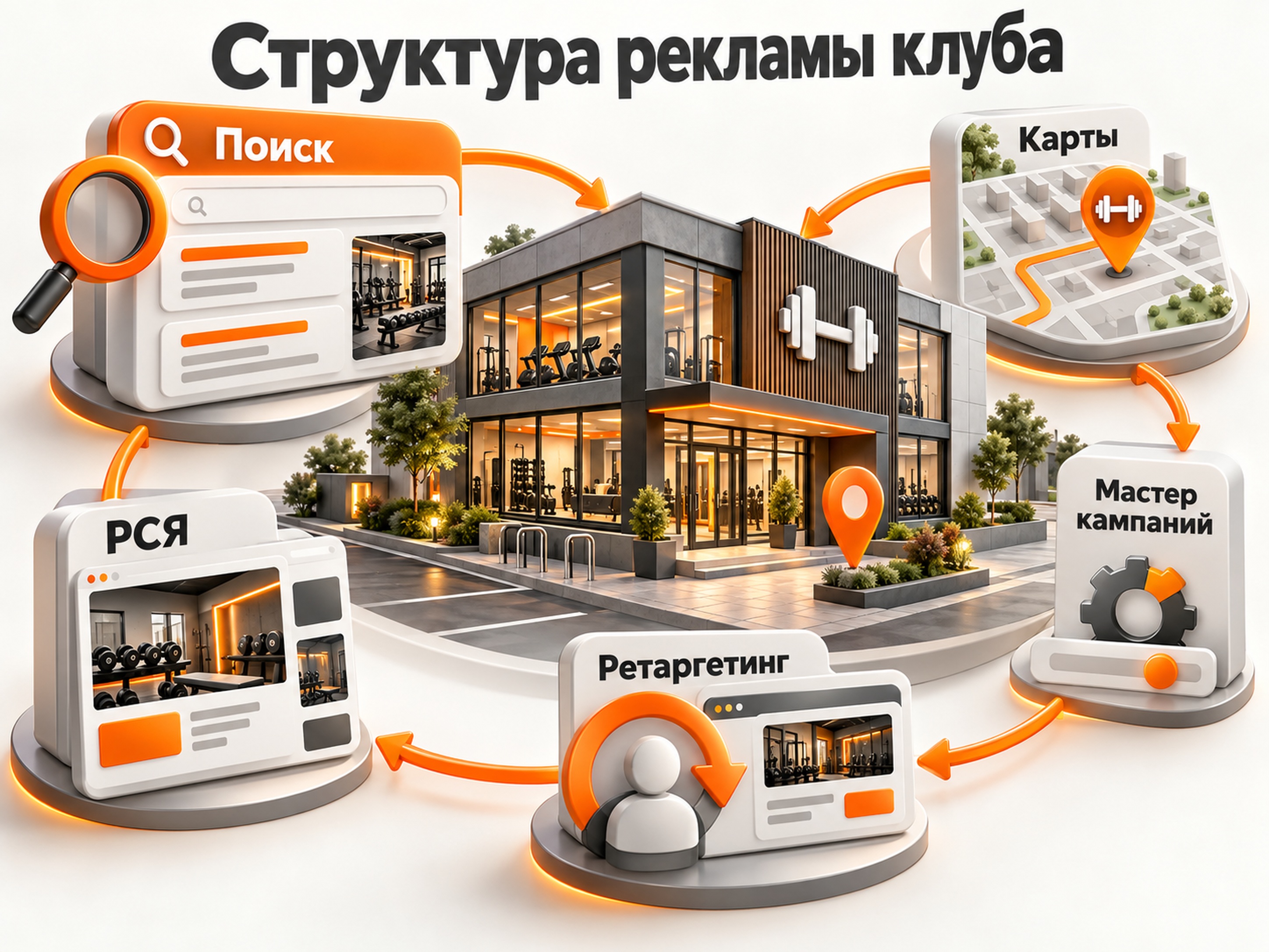 Структура рекламы фитнес-клуба: Поиск, Карты, Мастер кампаний, РСЯ и ретаргетинг