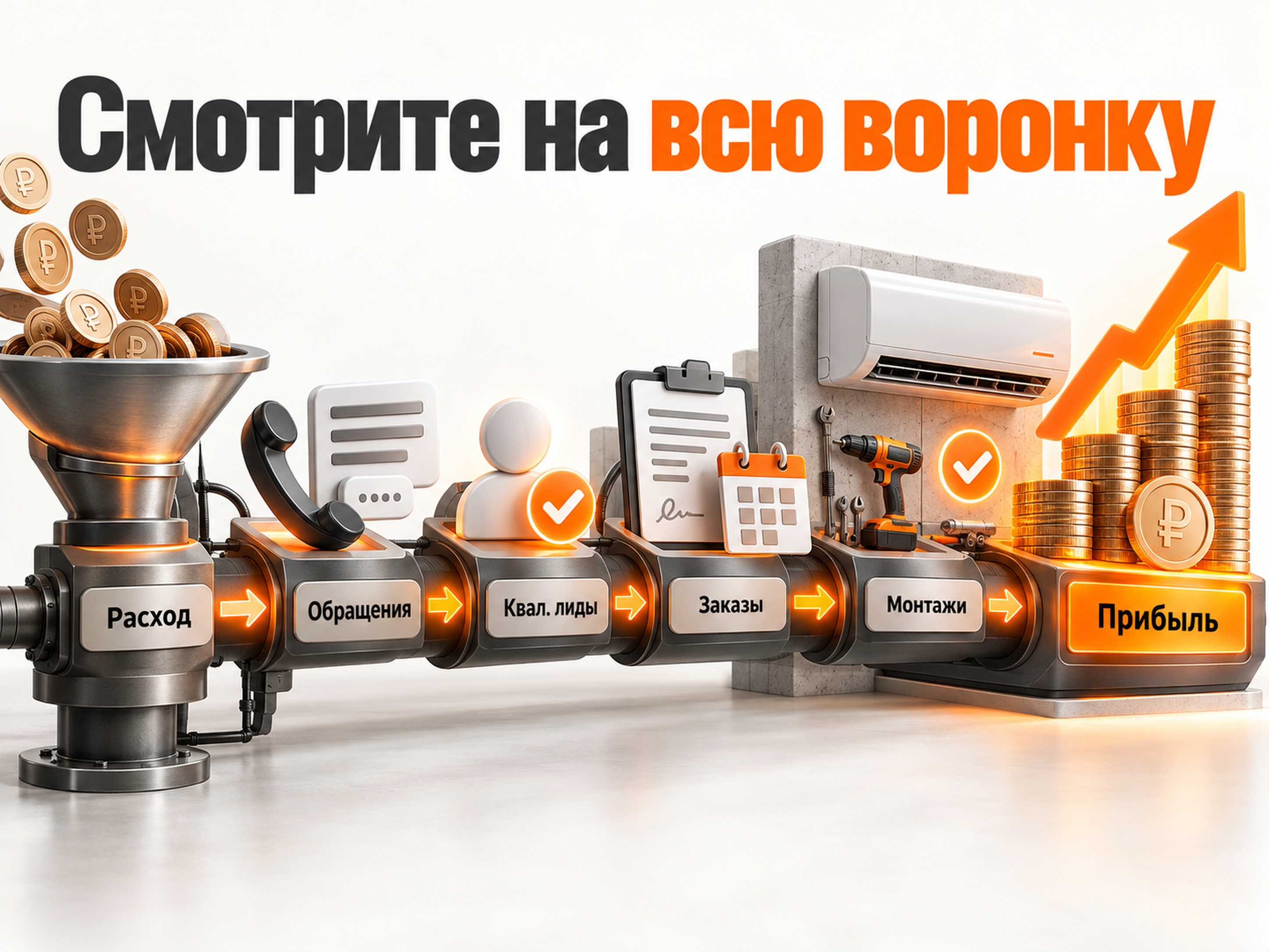 Воронка рекламы установки кондиционеров от расходов до выполненных монтажей и прибыли