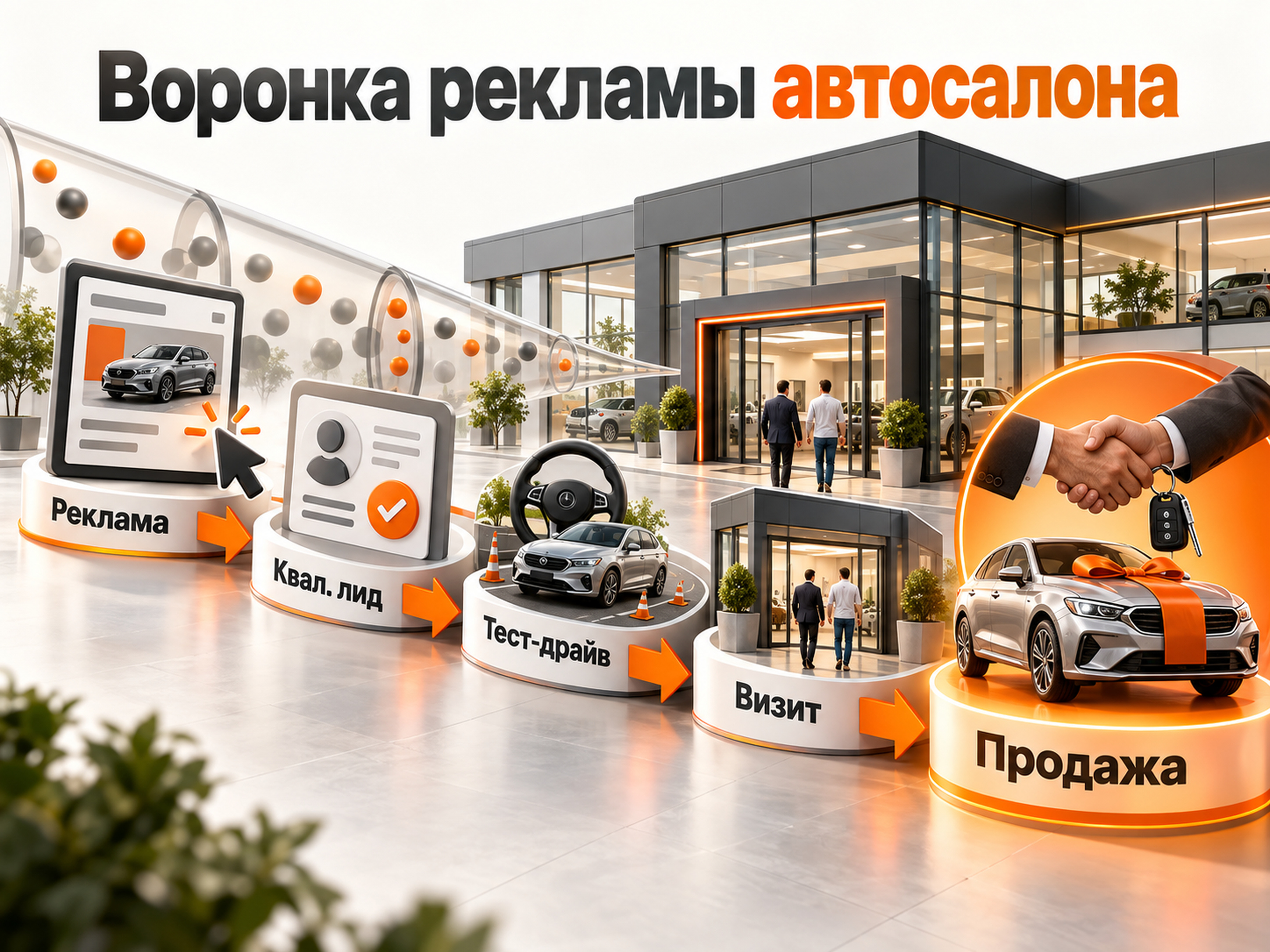 Воронка рекламы автосалона от рекламы и квалифицированного лида до тест-драйва, визита и продажи