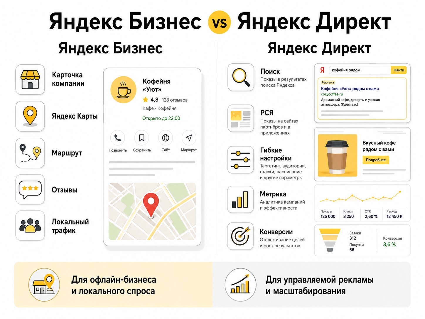 Сравнение возможностей Яндекс Бизнеса и Яндекс Директа