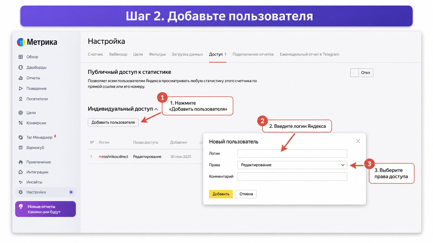 Добавление пользователя с правами «Редактирование» в Яндекс Метрике