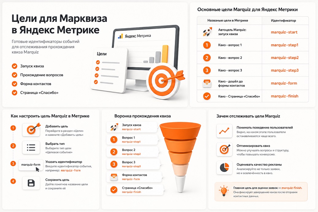 Цели Marquiz в Яндекс Метрике: идентификаторы событий и воронка прохождения квиза
