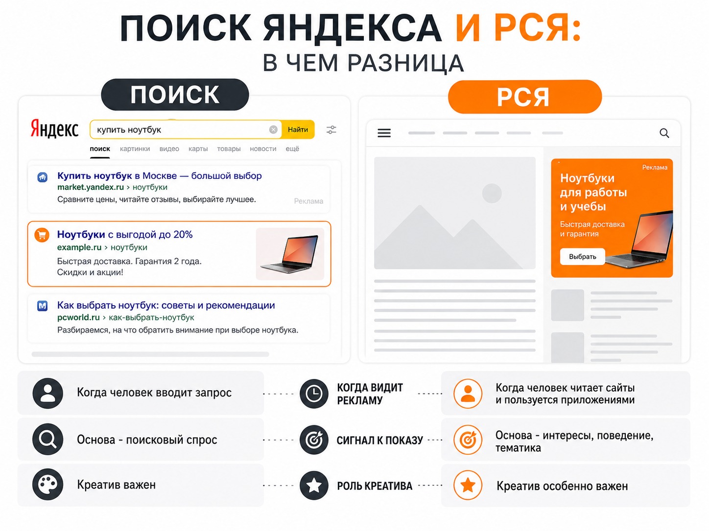 Сравнение рекламы в поиске Яндекса и в РСЯ
