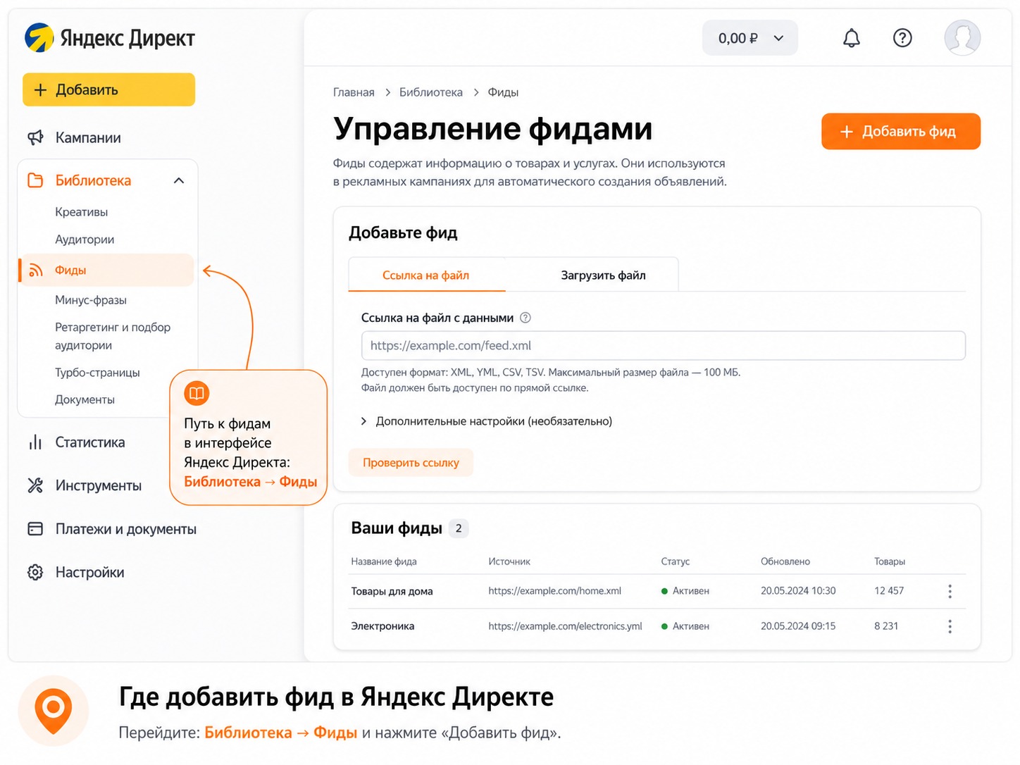 Раздел добавления фида в Яндекс Директе